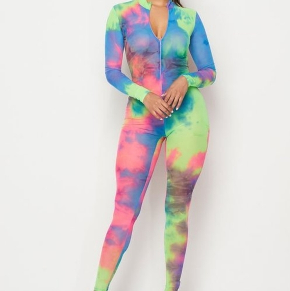 Long Sleeve Multi Neon Color Tie Dye Mesh Jumpsuit - Picture 1 of 8